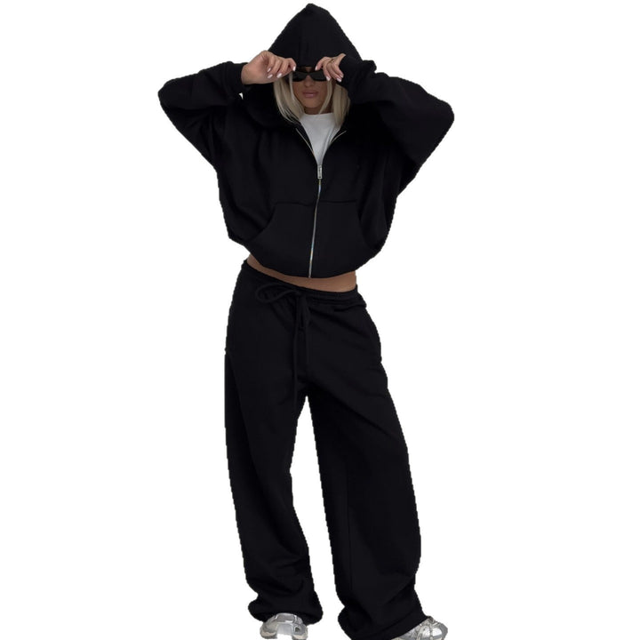 Damen oversized kurz geschnittener Kapuzenpullover und hochtaillierte Jogginghose Set aus Bio-Baumwollfleece – Auréline