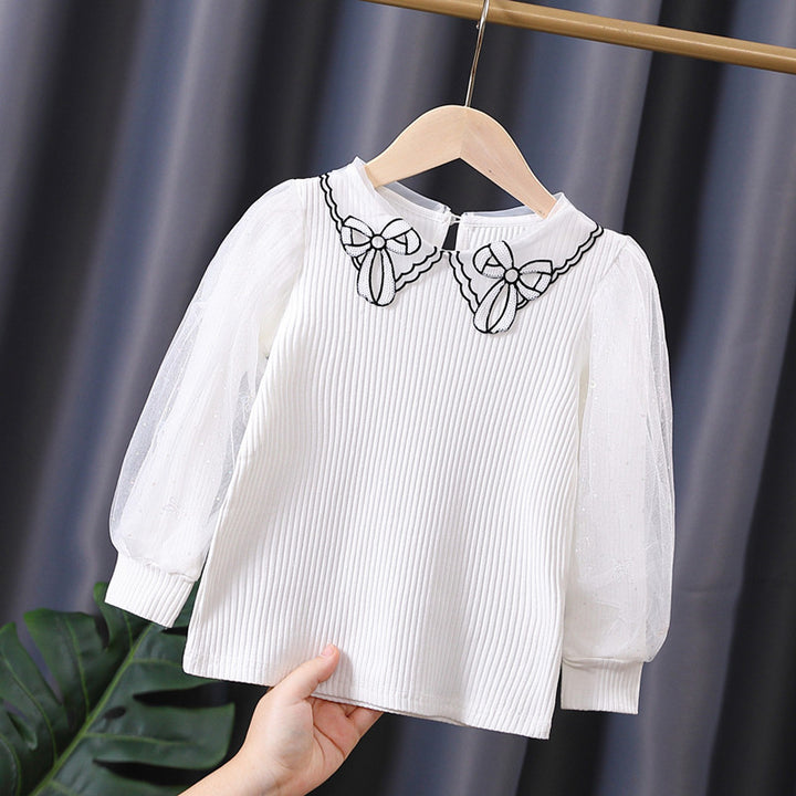 Mädchen Bluse mit transparenter Puffärmel und besticktem Kragen Echo Archiv