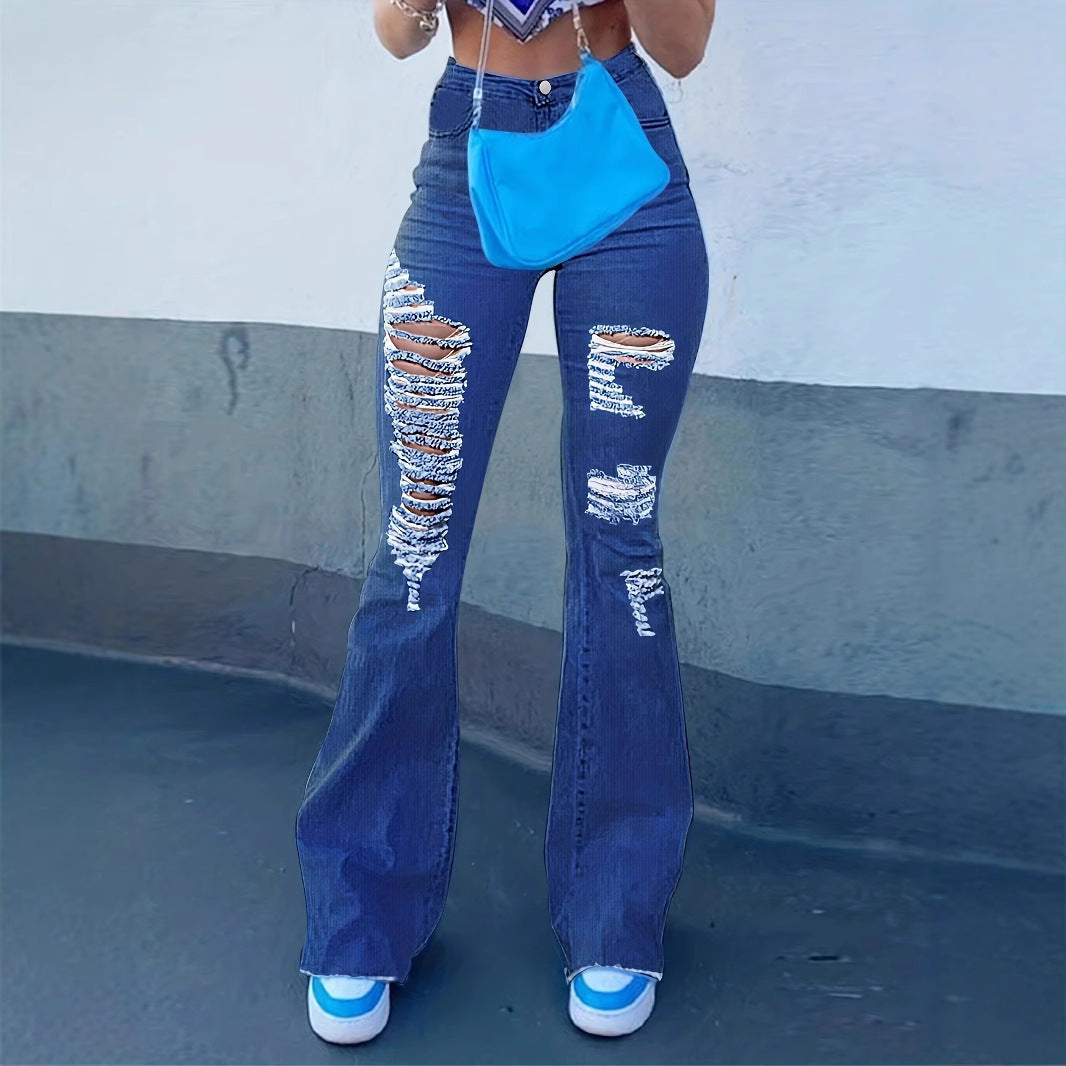 Damen High-Waist Flared-Jeans mit großflächigen Distressed-Rissen und sculptendem Komfortbund Echo Archiv