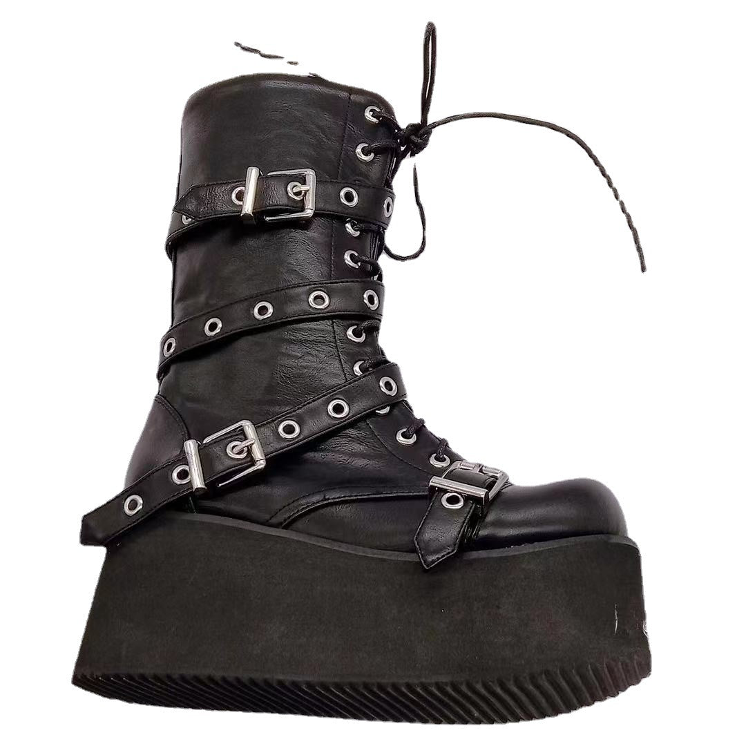 Damen plateau Combatstiefel mit Schnallen Ösen Schnürung und seitlichem Reißverschluss Echo Archiv