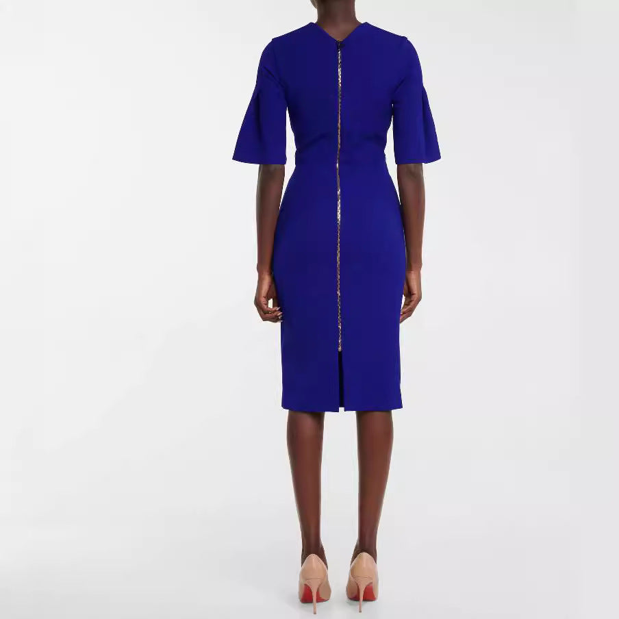 Damen Figurbetontes Midikleid mit Trompetenärmeln und Rundhalsausschnitt Echoarchiv