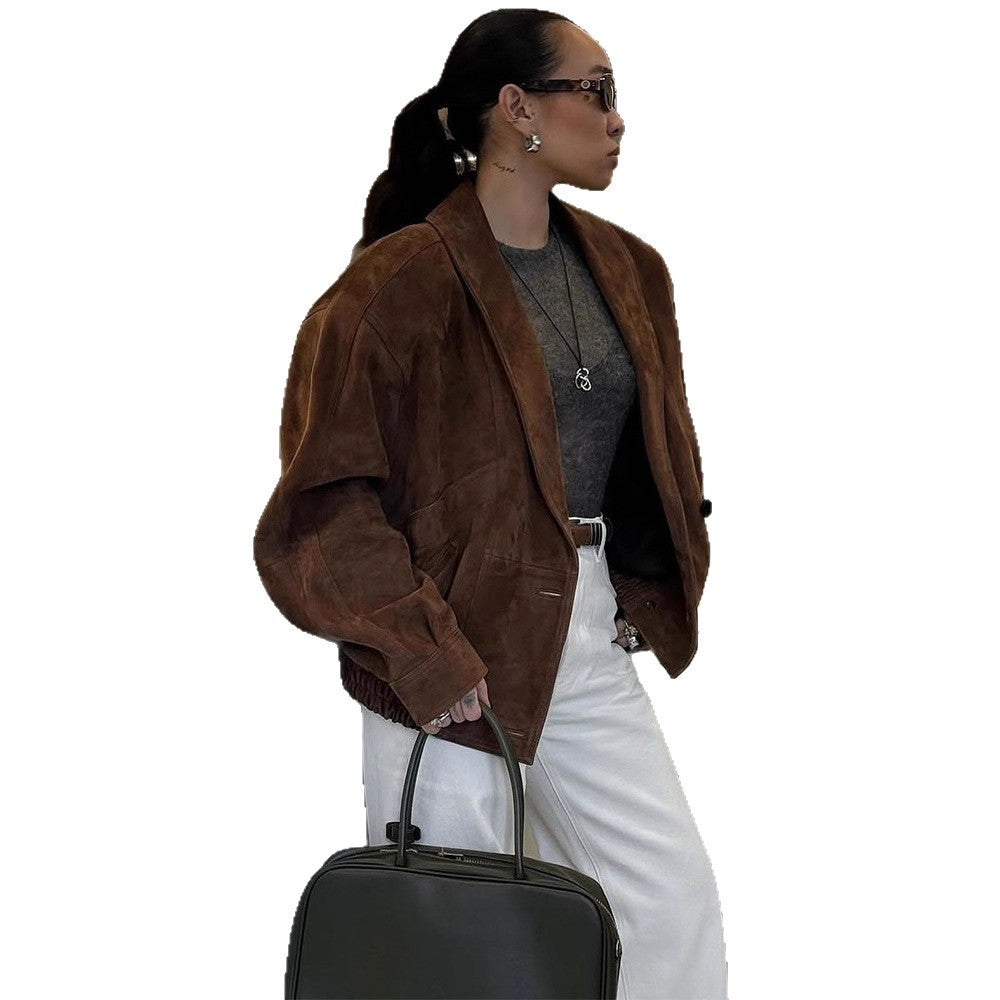 Damen Kurze Veloursleder‑Boxyjacke mit kimonoähnlichem Revers Echoarchiv