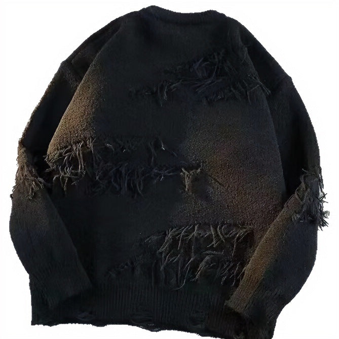 Unisex Oversized Rundhalspullover mit Destroy‑Fransen und geripptem Kragen Echoarchiv