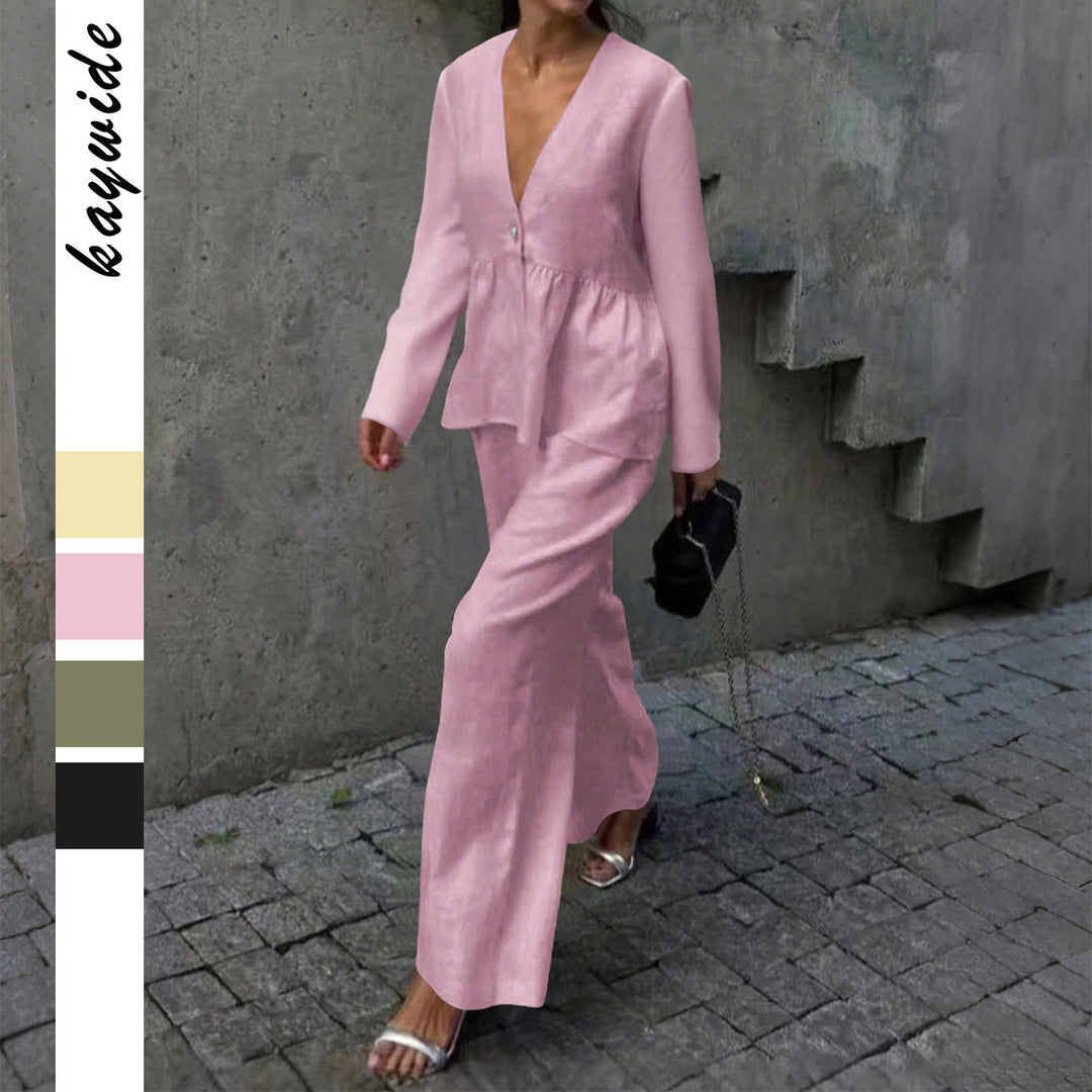 Damen nan legeres Leinenmix-Zweiteiler mit V-Ausschnitt Peplum-Bluse, Einknopfleiste und weitem Palazzo-Hosenbein Echo Archiv