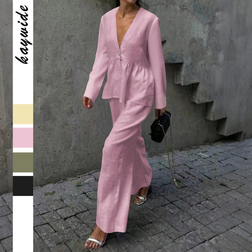 Damen nan legeres Leinenmix-Zweiteiler mit V-Ausschnitt Peplum-Bluse, Einknopfleiste und weitem Palazzo-Hosenbein Echo Archiv