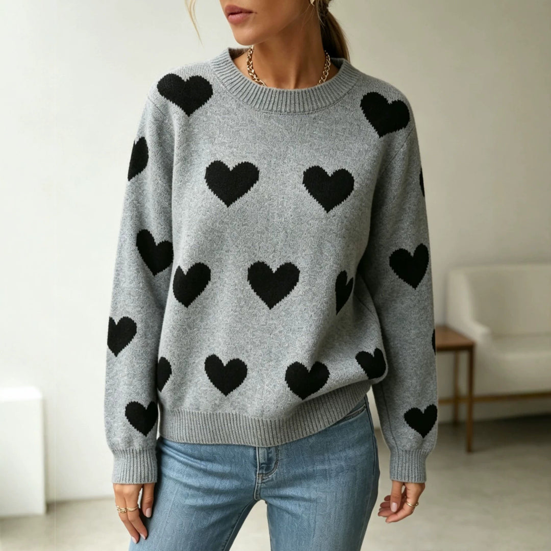 Damen Herz-Intarsien Rundhalspullover mit lässiger Oversize-Passform – Mavelle