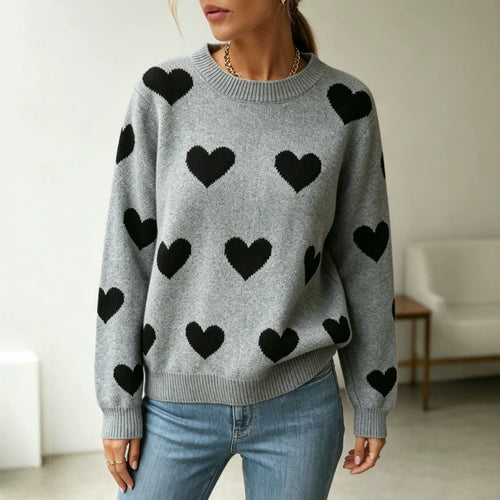 Damen Herz-Intarsien Rundhalspullover mit lässiger Oversize-Passform – Mavelle