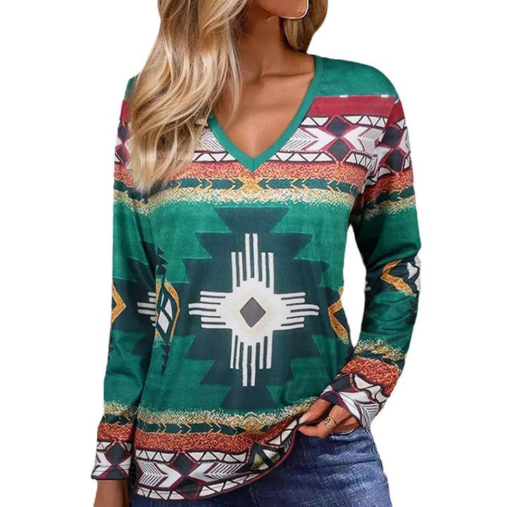 Damen Langarmshirt mit V-Ausschnitt und grafischem Ethno-Print legerer Schnitt – Avérine