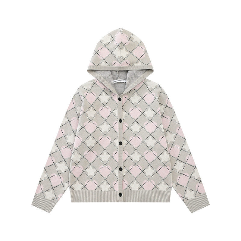 Damen Strick-Kapuzenjacke mit Rautenjacquard und Knopfleiste Echoarchiv