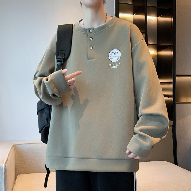 Herren lässiger Langarmpullover mit Knopf und gesticktem Motiv Echoarchiv