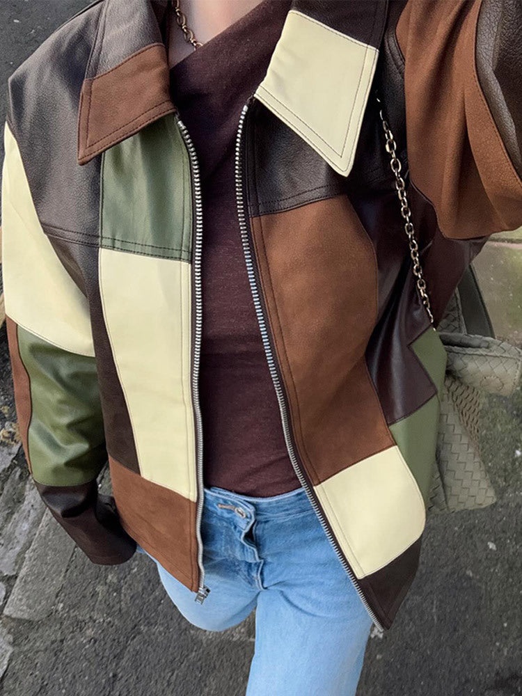 Damen Patchwork-Lederjacke mit Reißverschluss und Oversize-Boxy-Schnitt Echoarchiv