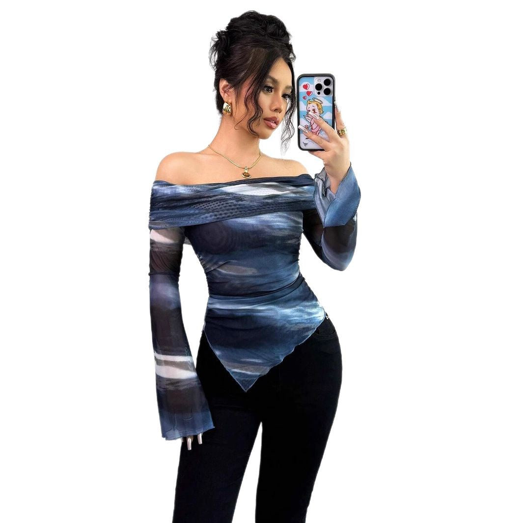 Damen nan schulterfreies Mesh-Wickeltop mit asymmetrischem Zipfelsaum und langen ausgestellten Ärmeln Echo Archiv