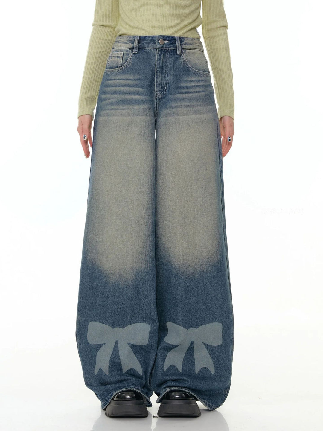 Damen nan hochtaillierte Palazzohose aus Denim mit extra weitem Bein und Schleifenprint Echo Archiv