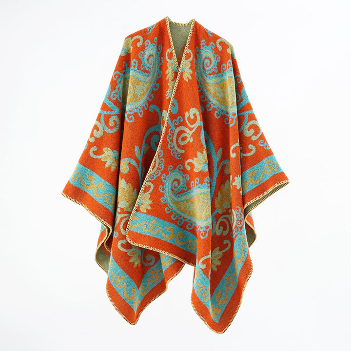 Damen Jacquard-Wollmix-Poncho mit Paisley‑Jacquard und offenem Kimono‑Fall – Montévia