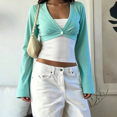Damen Bolero-inspiriertes Crop-Top mit tailliertem Unterteil, V‑Ausschnitt und ausgestellten Ärmeln – Orélia