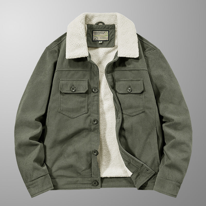 Herren Cord-Workjacke mit Sherpa-Innenfutter, Reverskragen und Druckknopfleiste – Taviero