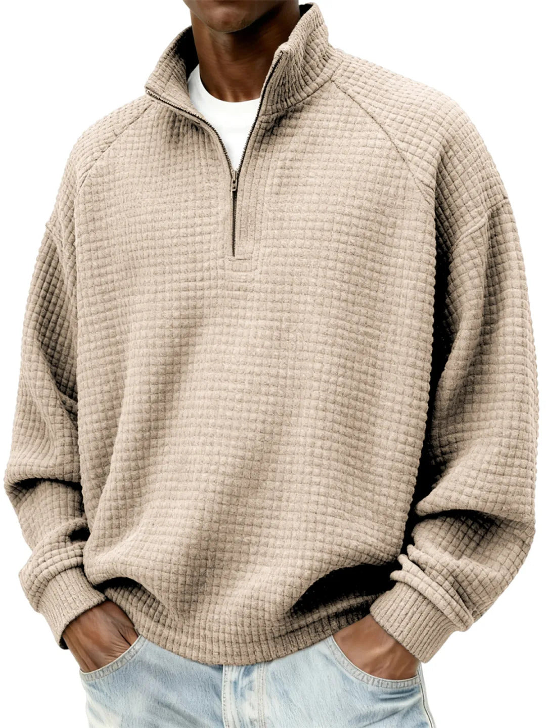 Herren Waffelstrick-Oversize-Pullover mit Halbreißverschluss und Stehkragen Echoarchiv
