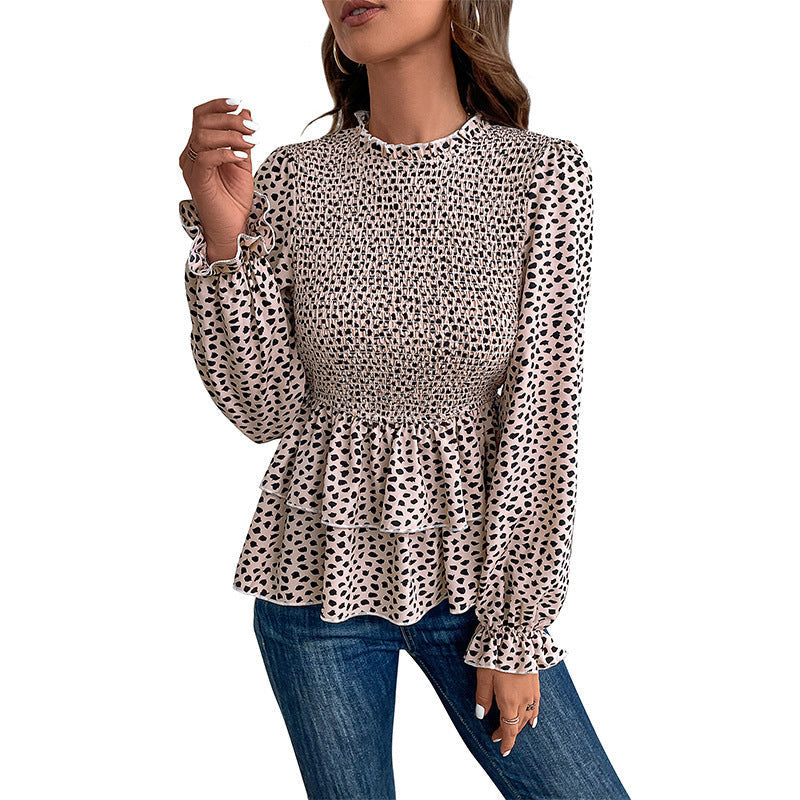 Damen Gesmokte Volant-Bluse mit Rüschen-Taille und langen Ärmeln Echoarchiv