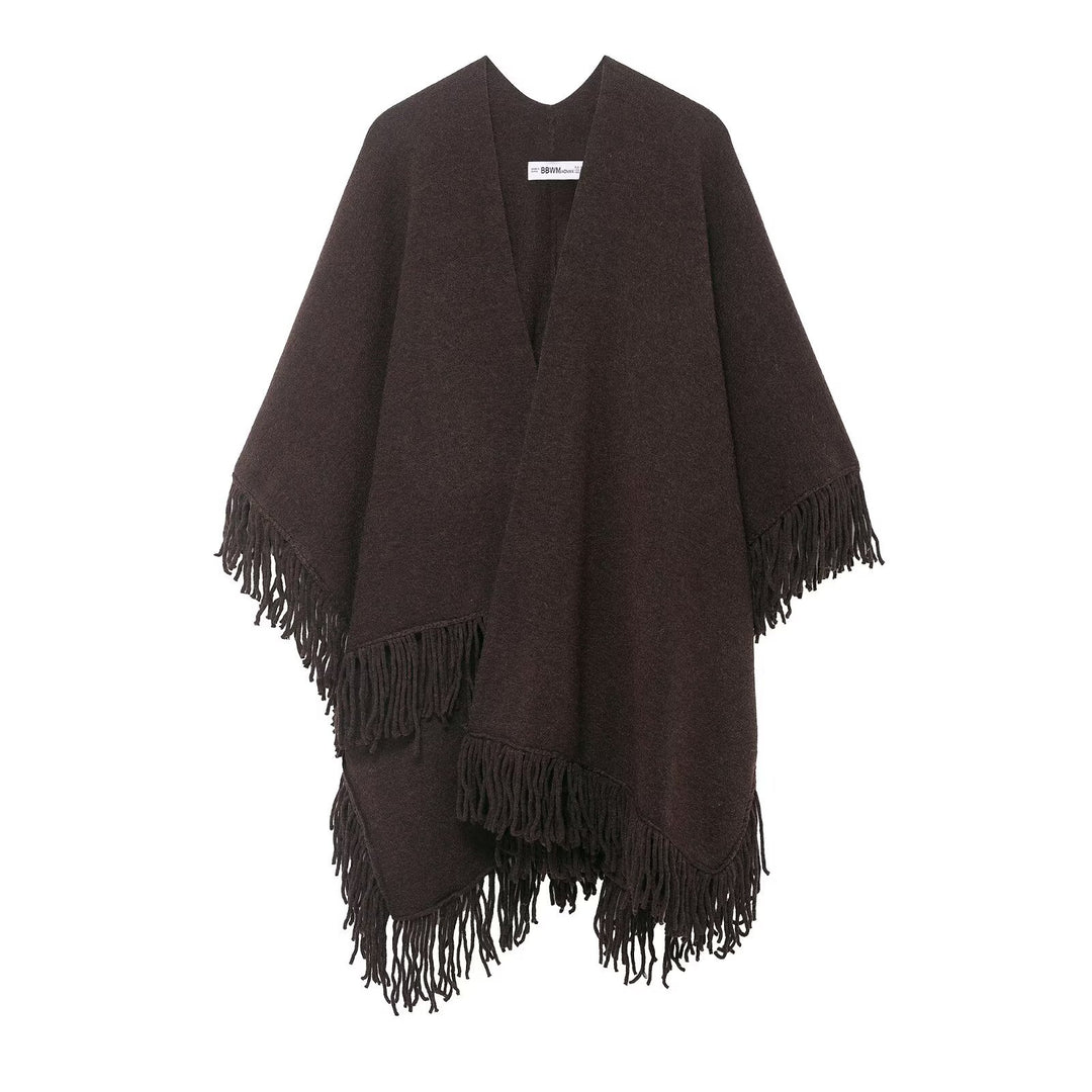 Damen Fransen-Poncho aus weichem Wollmix mit V‑Ausschnitt Echoarchiv