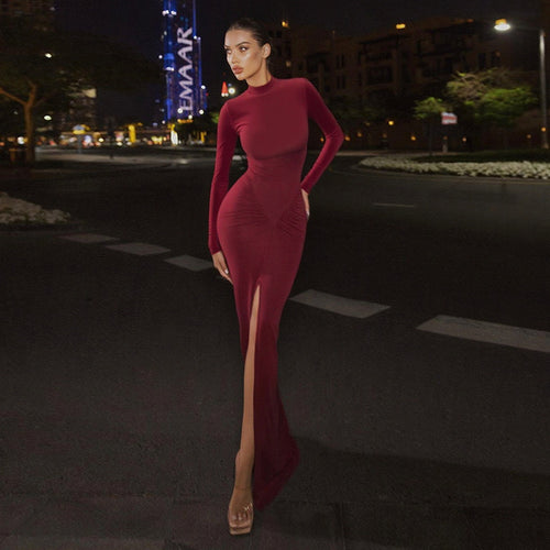 Damen Figurbetontes Abend-Maxikleid mit hohem Rundhals, langen Ärmeln, geraffter Hüftpartie und Frontschlitz – Avérine