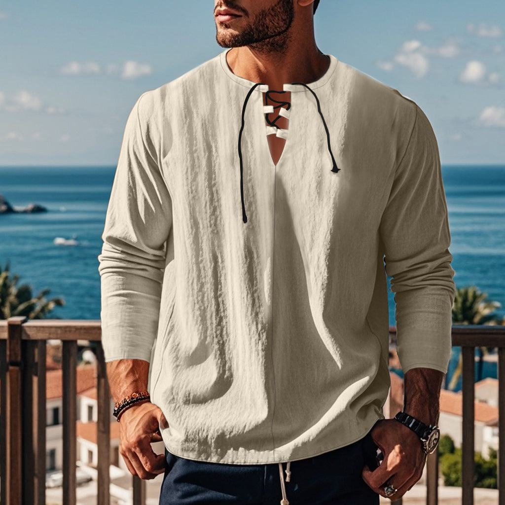 Herren lässiges Langarmshirt mit modischem Schnürdesign und atmungsaktiver Textur Echoarchiv