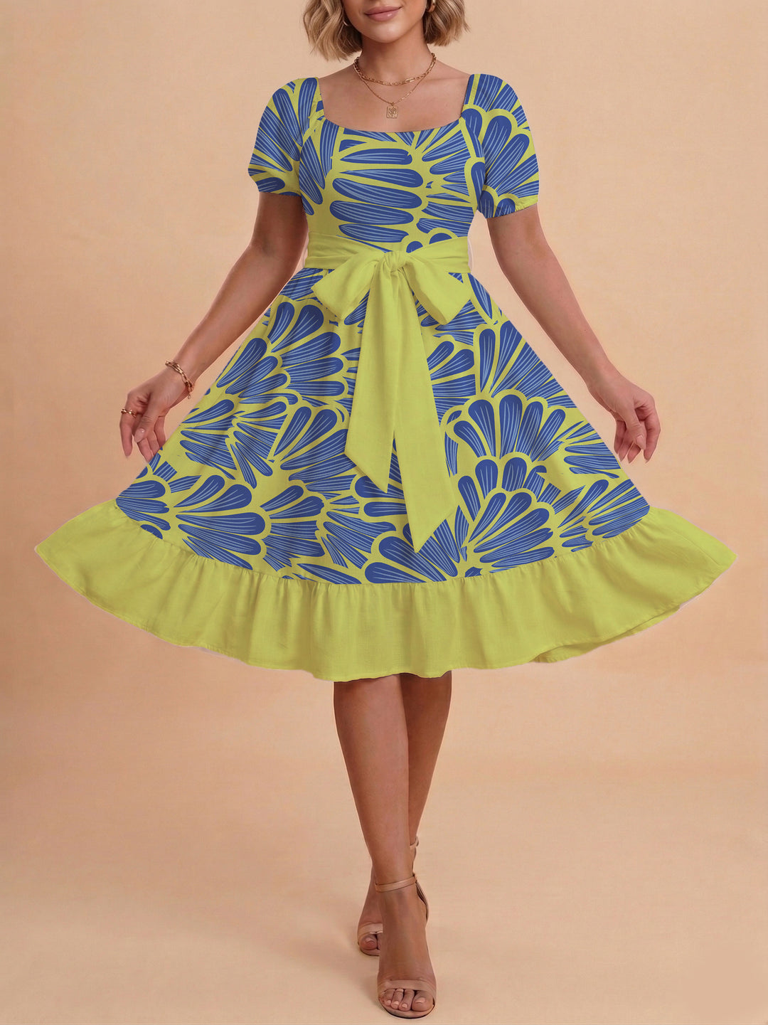 Damen A-Linien-Kleid mit floralen Motiven und taillierbarem Gürtel Echo Archiv