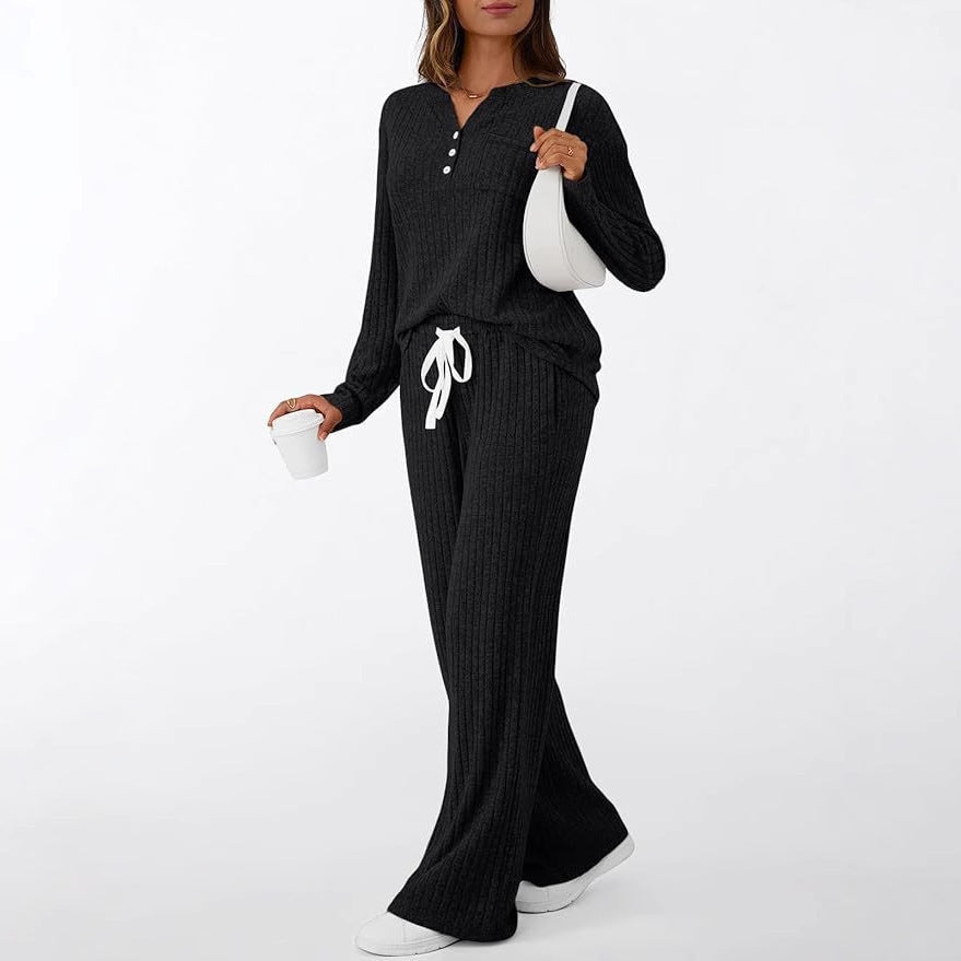 Damen Rippstrick-Lounge-Set mit Knopfleiste und weitem Kordelbund-Hose – Mavelle