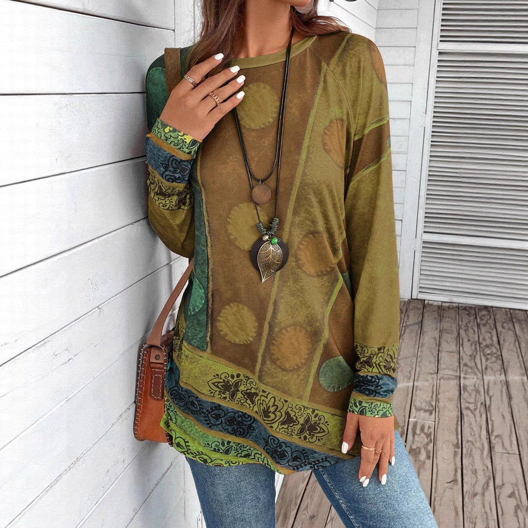 Damen Langarmshirt mit Boho-Print und Patchwork-Ärmeln – Avérine