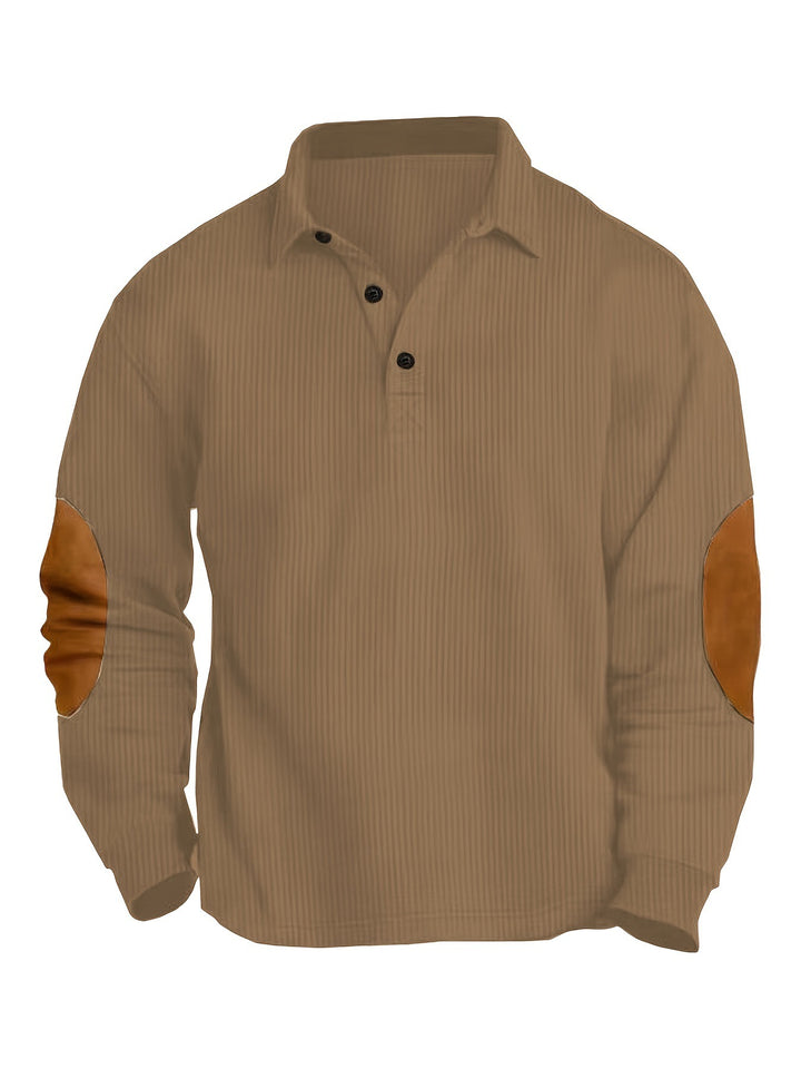 Herren nan legeres Langarm-Poloshirt mit Hemdkragen, kurzer Knopfleiste, feiner Struktur und Velours-Ellenbogenbesatz Echo Archiv
