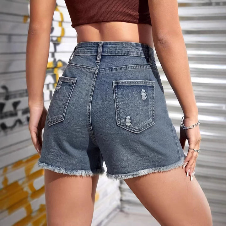 Damen lässige Destroyed Jeansshorts mit hohem Bund und fransigen Abschlüssen Echo Archiv
