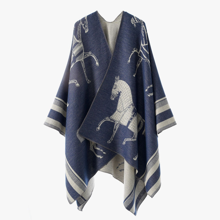 Damen Jacquard-Poncho-Überwurf mit Pferde-Motiv und kastiger Kimono-Silhouette – Célinea