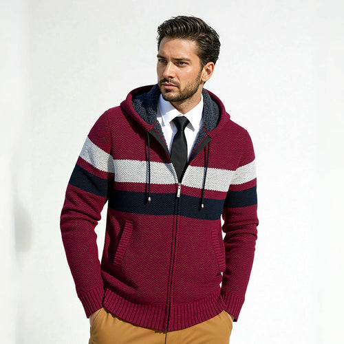 Herren modischer Strickhoodie mit kontrastierenden Zierstreifen und praktischen Taschen Echoarchiv