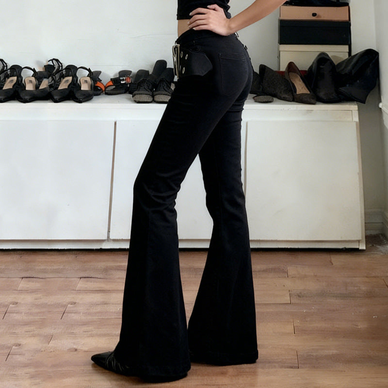 Damen High‑Waist Schlaghose aus Stretch‑Denim mit Ösengürtel Echo Archiv
