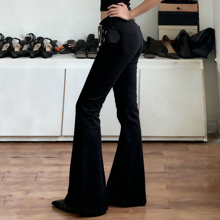 Damen High‑Waist Schlaghose aus Stretch‑Denim mit Ösengürtel Echo Archiv