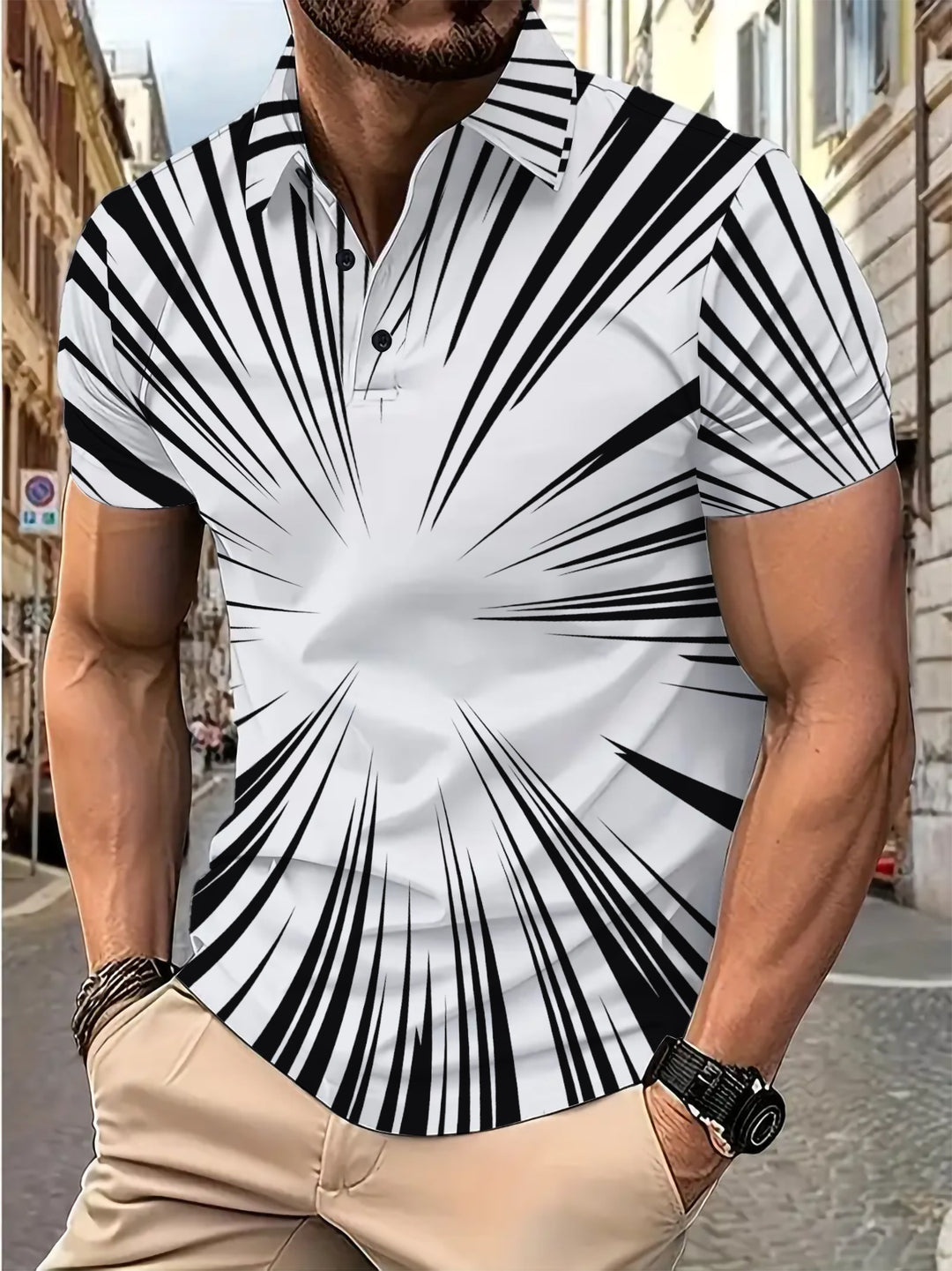 Herren Kurzarm Poloshirt mit dynamischem Strichdesign Echoarchiv