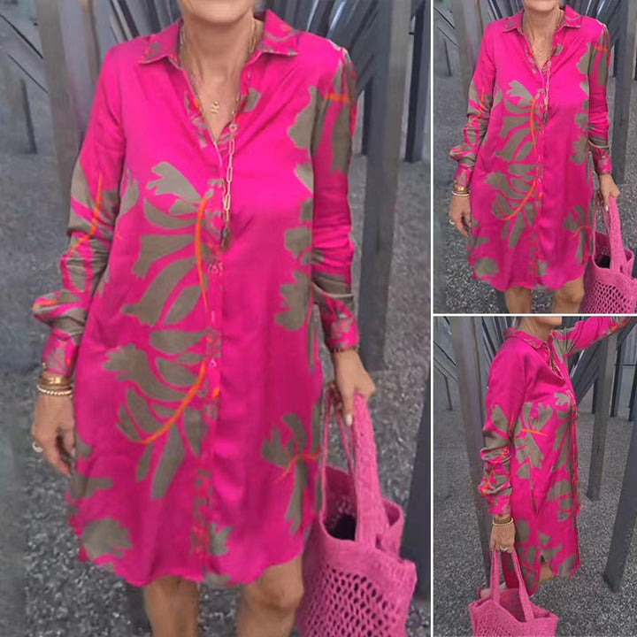 Damen nan locker fallendes Hemdblusenkleid mit durchgehender Knopfleiste Hemdkragen Manschetten und großem botanischem Print Echo Archiv