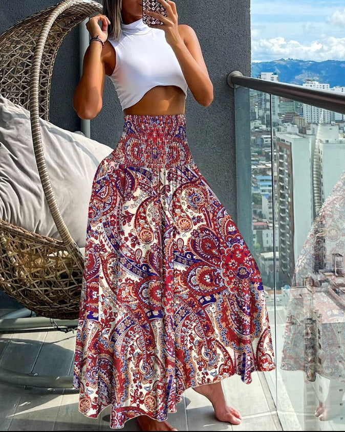 Damen Maxirock mit hohem Smockbund und weitem Boho-Print – Rosévia