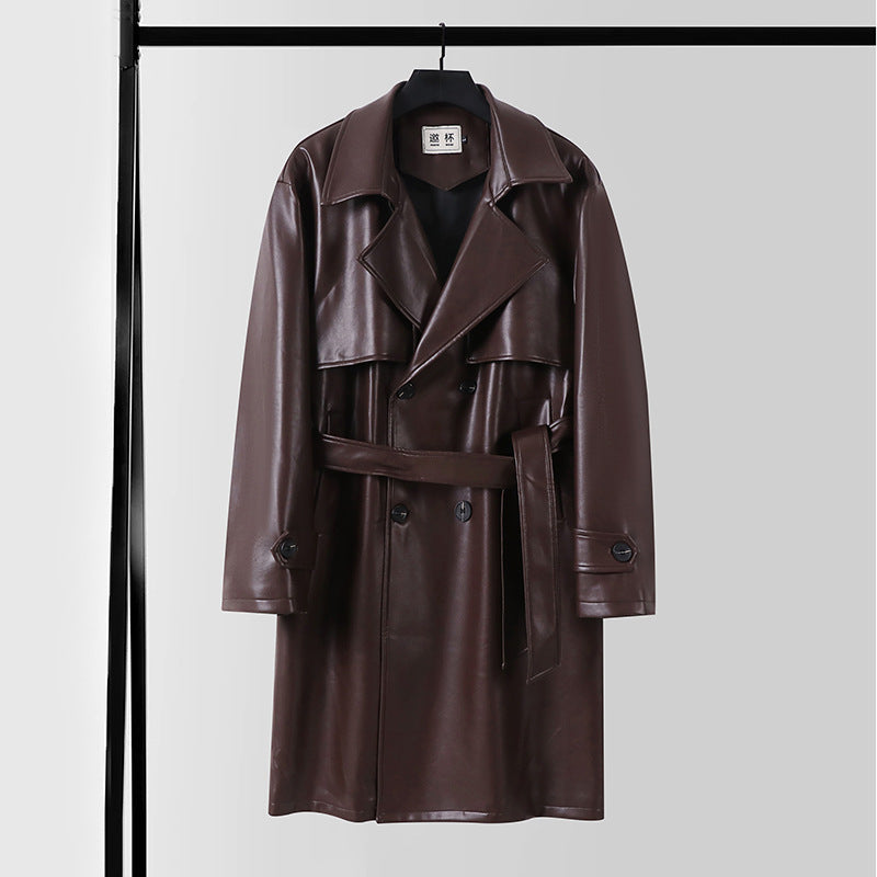 Herren Lederimitat-Trenchcoat mit Doppelreiher, Oversize-Schnitt und Manschettenriegel Echoarchiv