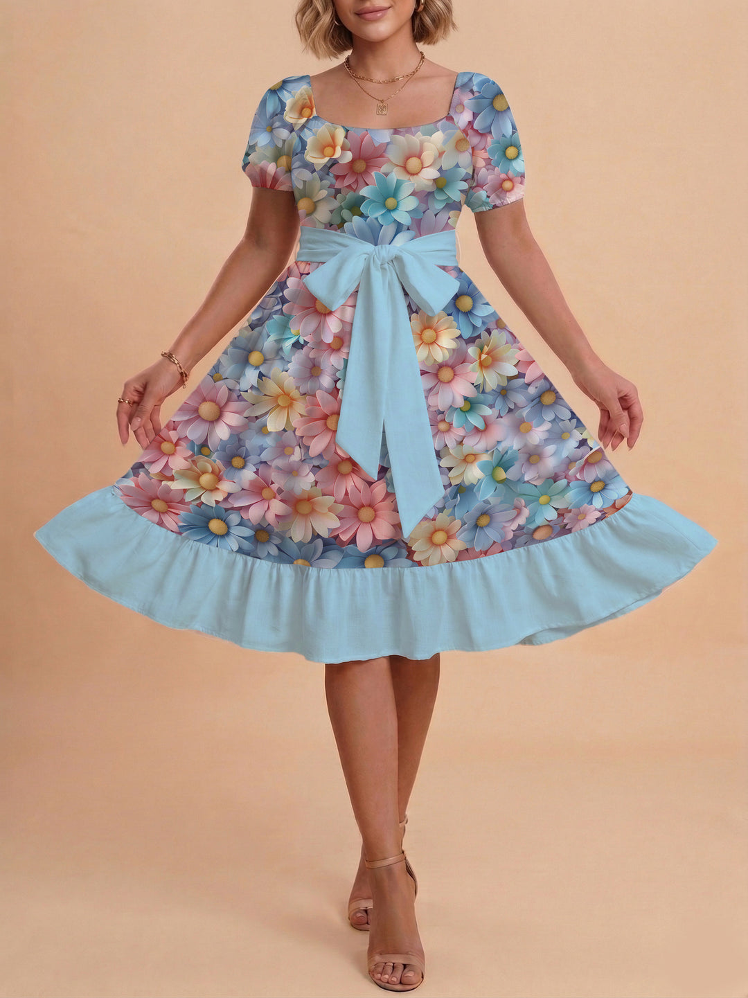 Damen Midi Kleid mit elegantem Blumendruck und tailliertem Gürtel Echo Archiv