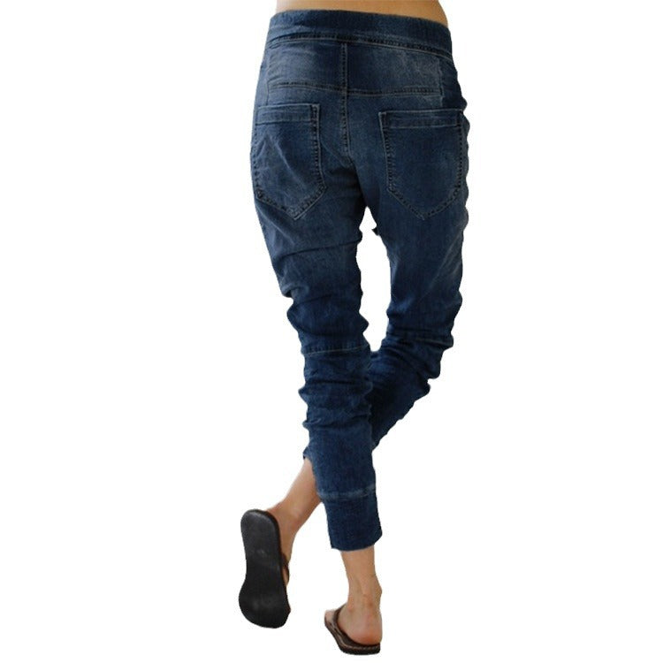 Damen lässige Denim-Haremshose mit Gummizug und tiefem Schritt Echoarchiv