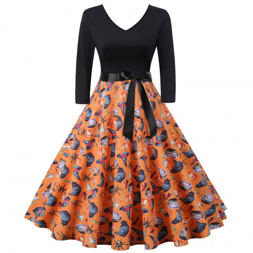 Damen Vintage-inspiriertes Swingkleid mit V-Ausschnitt, Dreiviertelärmeln und voluminösem Tellerrock – Élara