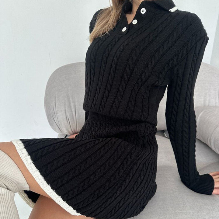 Damen gestricktes Zopfmuster-Polokragen-Set mit Button-Placket und A-Linien-Rock – Élanora
