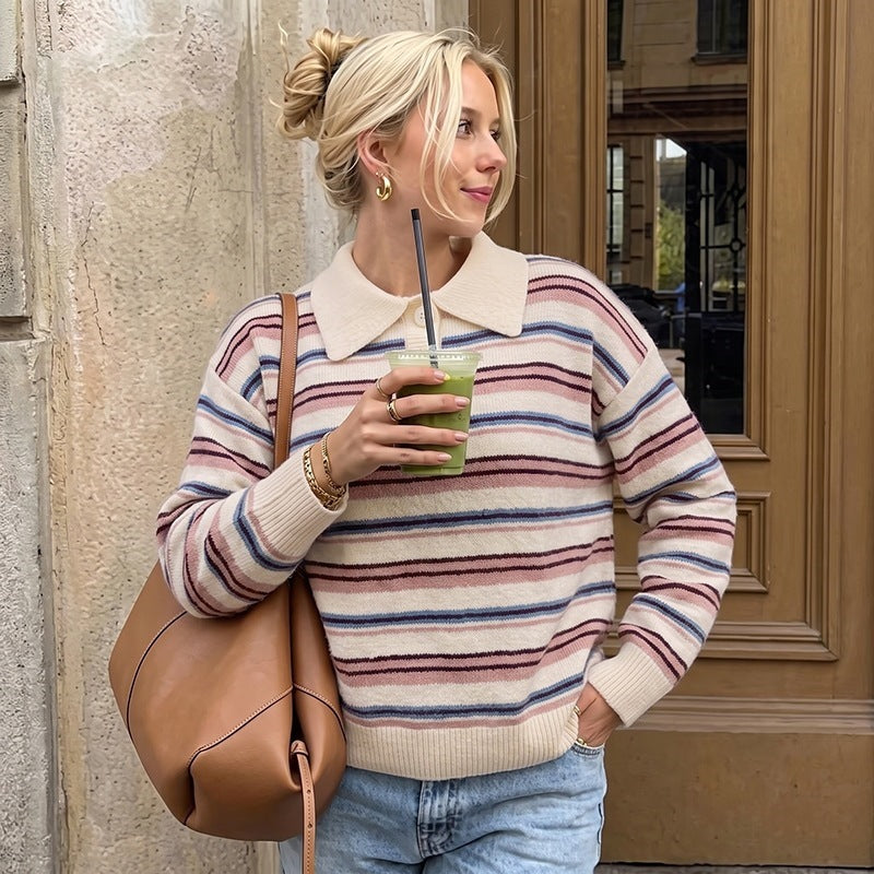 Damen Lässiger Strickpullover mit Polo-Kragen und Streifen Echo Archiv