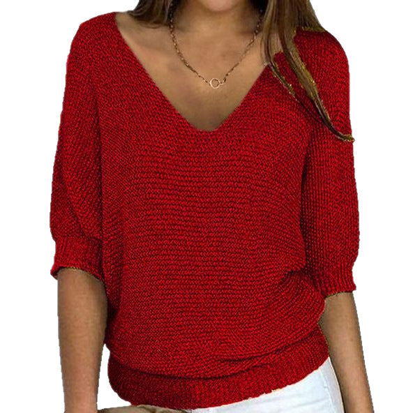 Damen nan lässiger Strickpullover mit V-Ausschnitt und Fledermausärmeln Echo Archiv