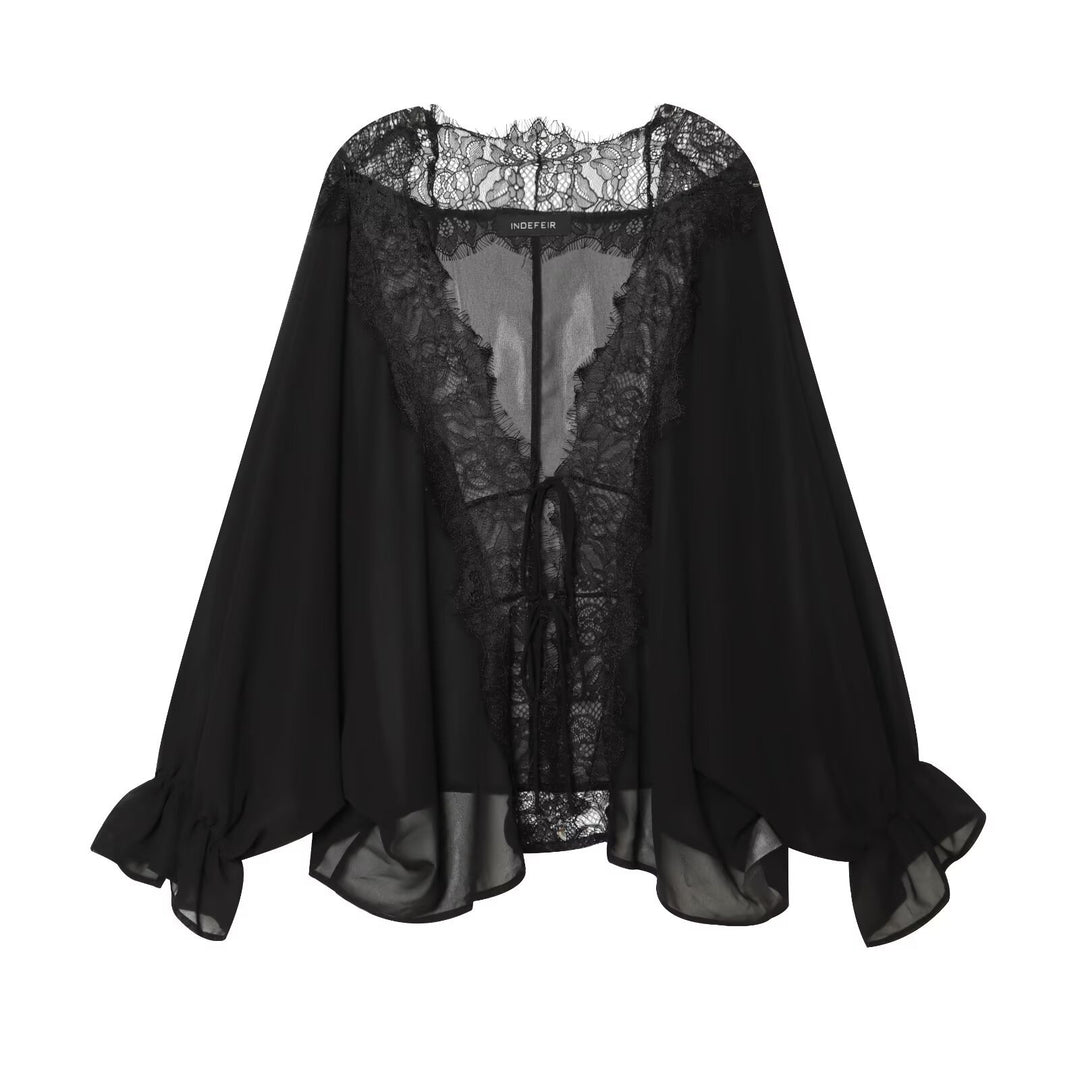 Damen Kaftan-Bluse mit Spitzenkante, Bindeband und Ballonärmeln Echo Archiv