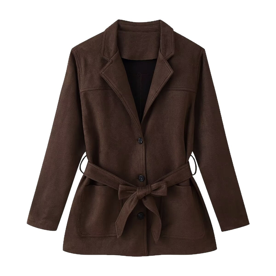 Damen Taillierter Wildlederoptik-Blazer mit Bindegürtel und aufgesetzten Taschen Echo Archiv