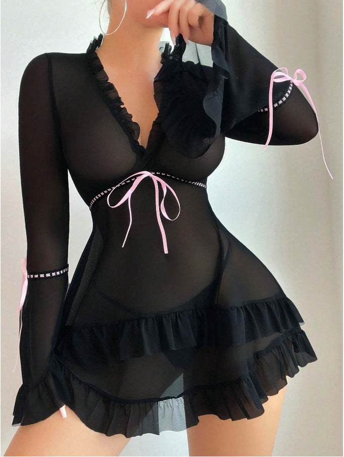 Damen transparentes Strandkleid mit voluminösen Rüschen und langen Ärmeln Echo Archiv