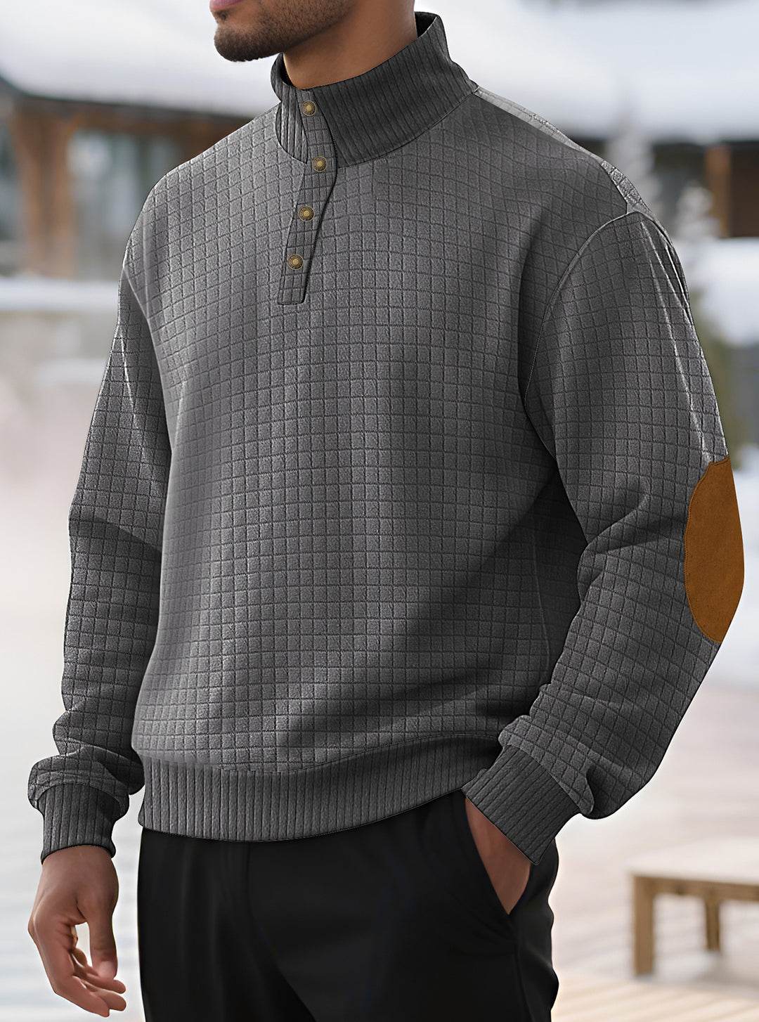 Herren modischer Stehkragenpullover mit strukturiertem Gewebe und Knopfverschluss Echoarchiv