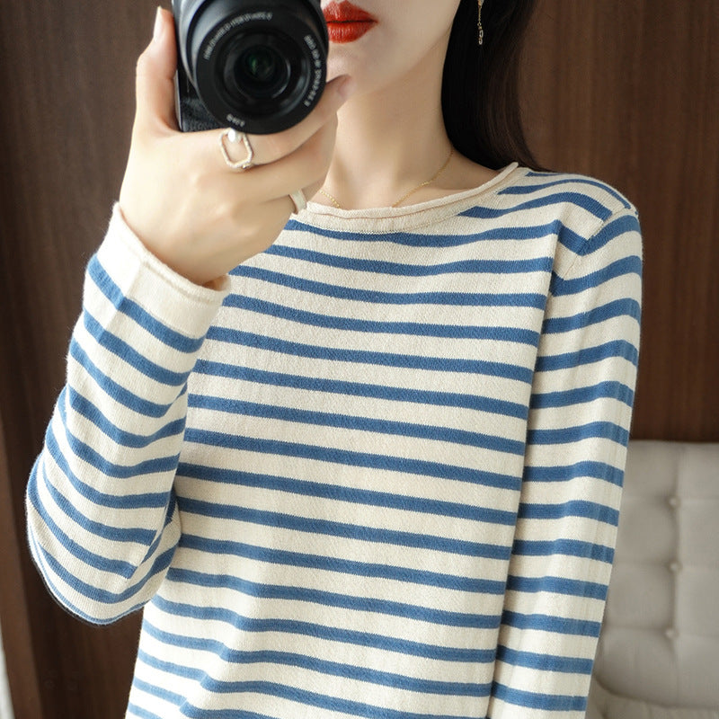 Damen Maritim inspirierter Baumwoll-Feinstrickpullover mit Streifen und leicht kastiger Silhouette Echoarchiv