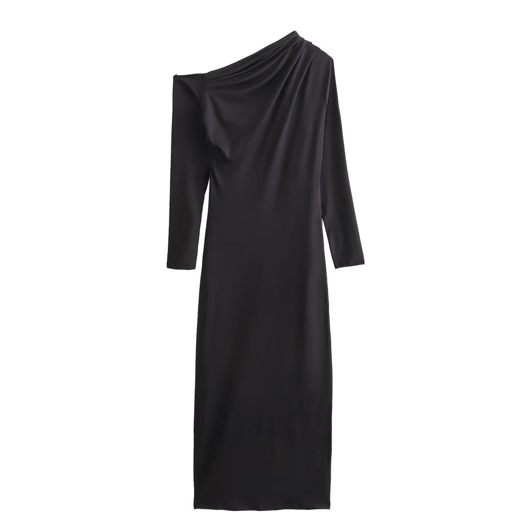 Damen Asymmetrisches One-Shoulder Maxikleid mit langem Ärmel Echoarchiv